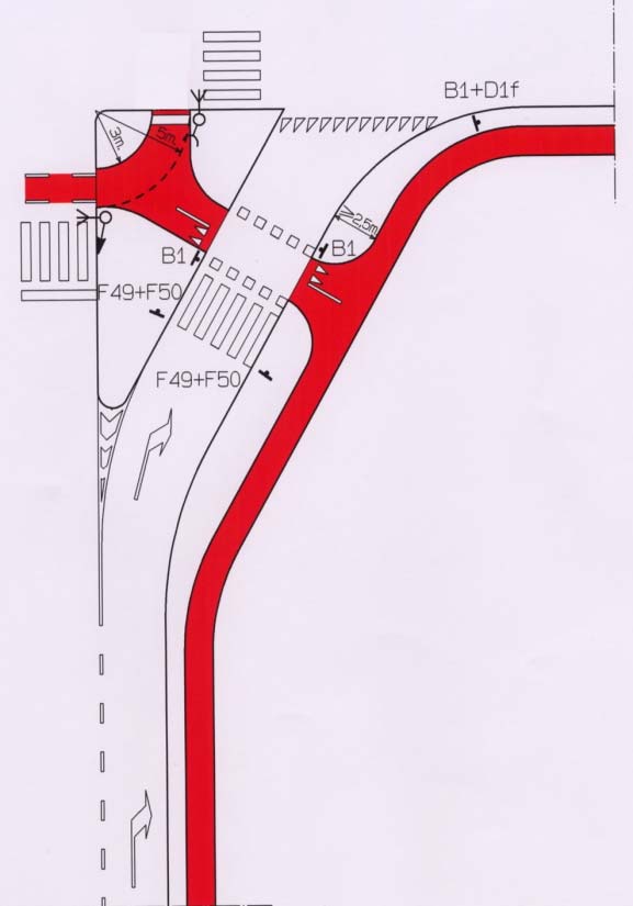 tekening 24 tekening 25 Vooral in verkeersgebieden wordt wel eens gekozen voor rechtsafslaand autoverkeer buiten de verkeerslichten (bypass).