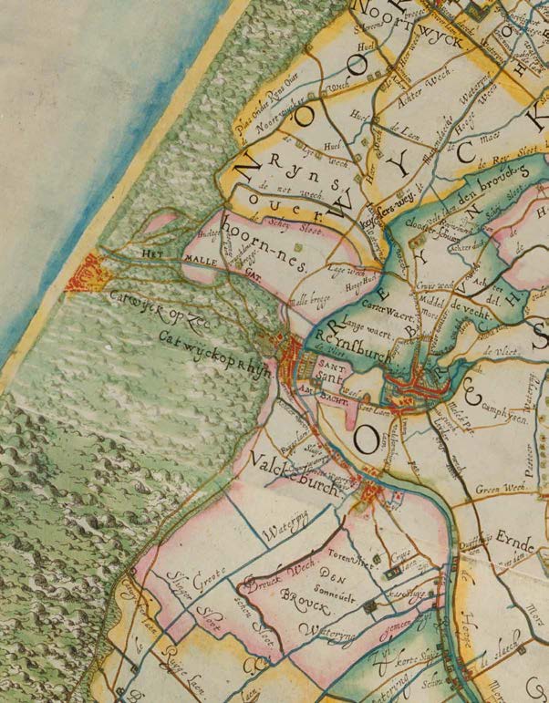 2.2 Kaartvergelijking 1615 De kaart van Floris Balthasarsz uit 1615 toont een royaal landschap. Tussen het vissersdorp Catwijck op Zee en de vestingstad Leyden hebben zich enkele kernen ontwikkeld.