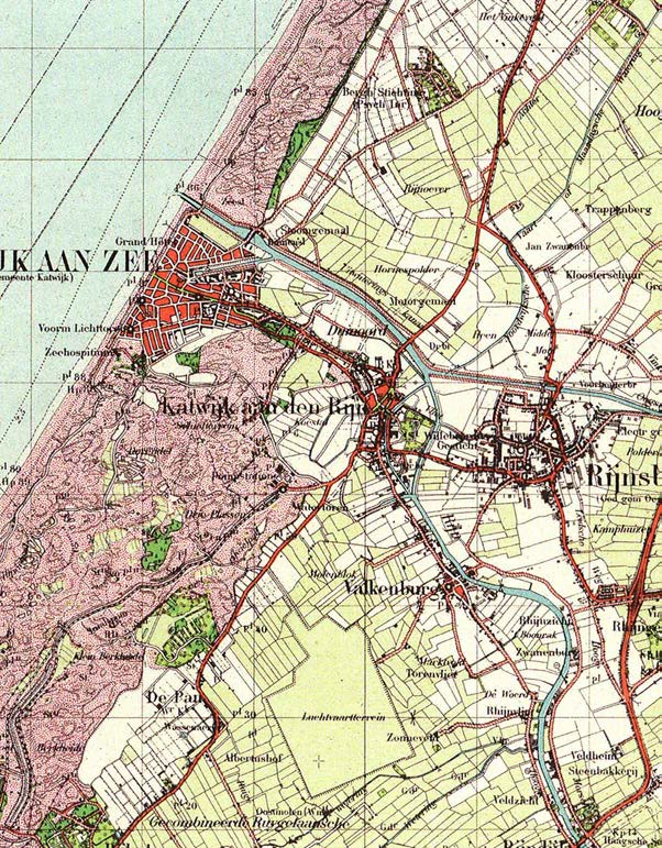 1950 De kaart 1950 toont naast de uitbreiding van de infrastructuur de groei van de kernen. Katwijk aan Zee groeit met name langs het Prins Hendrikkanaal.