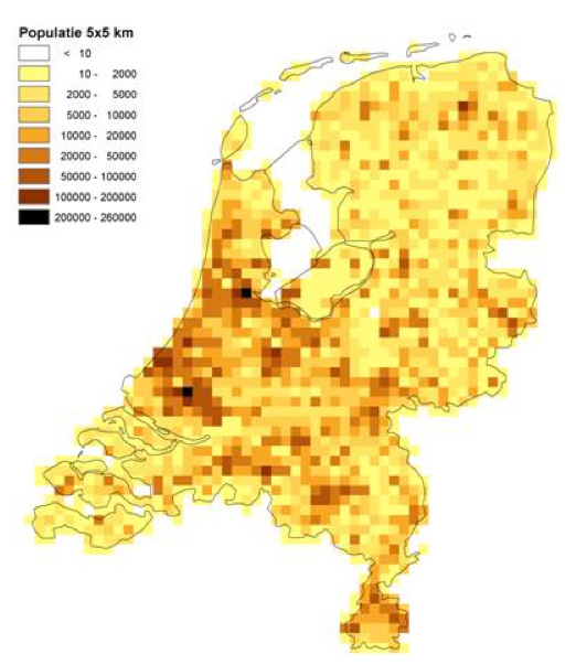 Voor het bepalen van de bevolkingsdichtheden in Nederland kan gebruik gemaakt worden van navolgende kaart (bron RIVM).