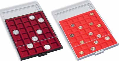 Muntenboxen MB 61 Muntenboxen met vierkante indelingen Prijs per muntenbox A 18,95 Grijze muntenbox Rookkleurige muntenbox Geschikt voor munten in verschillende formaten.