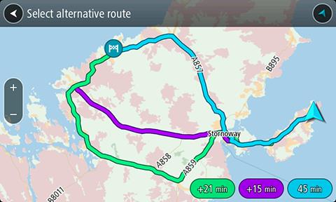 Tip: informatie van de Lifetime Traffic-service wordt gebruikt voor het berekenen van alternatieve routes. Een route die 50% meer tijd kost dan de oorspronkelijke route, wordt niet weergegeven. 5. Selecteer de gekozen route door op de tijdballon te tikken.