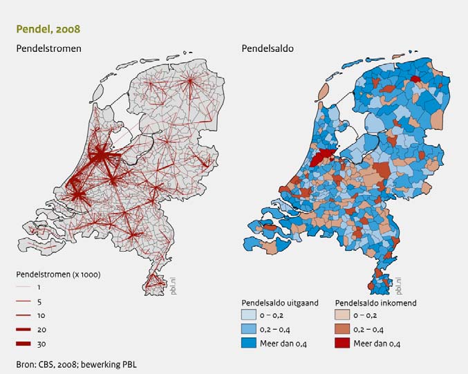 van de omliggende gemeenten naar de grote steden. Er reizen bijvoorbeeld meer mensen elke dag van Utrecht naar Amsterdam dan van Maarssen naar Utrecht.