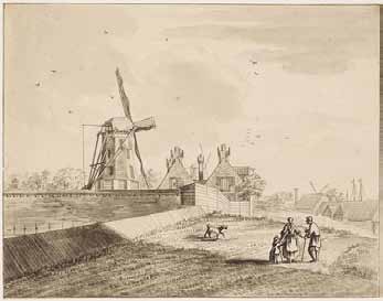 Links: Bolwerk Nieuwkerk vandaag De Groote Stinkmolen ( t Roode Hart, de Twee Harten, de Steenbok) (hart in dit geval te lezen als hert ) Gebouwd rond 1615 als zeemtouwersmolen, later (1711) werd het