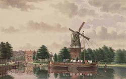 nen ook de laatste resten van de walmuur. Links: Het geslechte bolwerk Sloterdijk, molen de Kraay en de Bullebaksbrug over de verlengde Brouwersgracht.