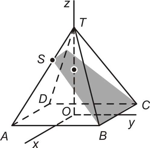 Voorbeeld Hoe bereken je de coördinaten van het snijpunt van een lijn met een vlak? T.ABCD is een regelmatige vierzijdige piramide met: A(3,-3,0), B(3,3,0), C(-3,3,0), D(-3,-3,0) en T(0,0,6).