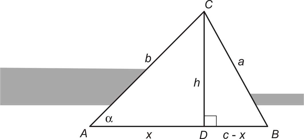 Wat we in oppgave 1 gedaan hebben, kun je algemeen doen. Als je de stelling van Pythagoras in driehoeken ACD en BCD toepast, krijg je: b 2 x 2 = a 2 (c-x) 2.
