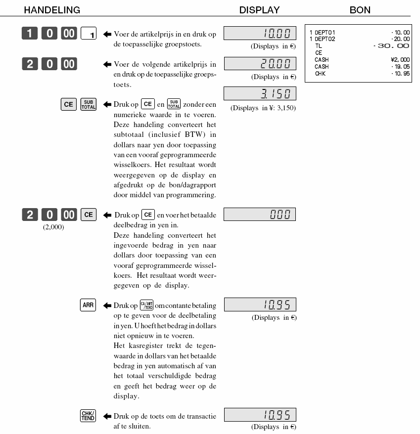 Deelbetaling in vreemde valuta * Vooraf geprogrammeerde wisselkoers: 100 = 0.9524 Belangrijk!