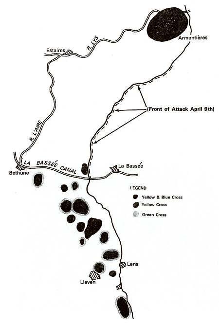 6 Kaart van het gebied met de beschieting met gasgranaten op 9 april 1918. De Duitse aanval van 9 april 1918 Na de artillerie begon om 08.