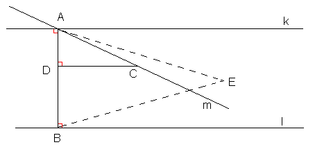 m ligt tussen lijn k en AB in voor elk punt C op dit lijnstuk m kunnen we een loodlijn CD trekken van die lijn m naar lijnstuk AB. (Merk op, dat we kunnen aantonen dat CD uniek is).