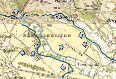 195 Afb. 11.12 Haler Leek; bevloeiing en zuurwaterwerende wal (groene lijn). Haler Leek waar een grote wal het zure water van het hoogveen van Smilde moest weren.
