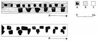11 Het verloop van de palissade in relatie tot het wallensysteem (K. Leenders). een palissade was: een brede strook van houten palen, die gezien de diepte niet al te hoog zijn geweest.