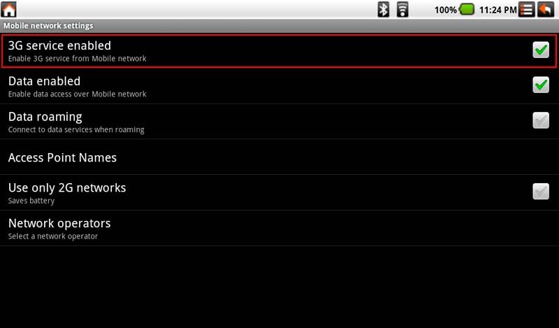 3.7 3G Verbinding 1. Instellingen 2. Mobiele netwerken 3. Activeer 3G Service: verander naar 4.