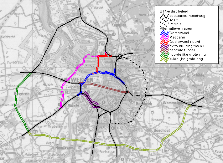 Figuur 2 Overzicht tracéalternatieven voor trechtering 14.2.2.2 Methodiek van de trechtering Tussen bovenstaande alternatieven, ontwikkelingsscenario s en exploitatievarianten zijn in theorie meer dan 200 combinaties mogelijk.