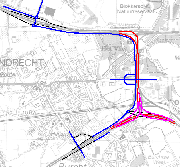 Figuur 13 Schematische voorstelling herinrichting knooppunt Antwerpen-West Herinrichting knooppunt Antwerpen-West en parallelweg basisvariant Oosterweel Herinrichting knooppunt Antwerpen-West en