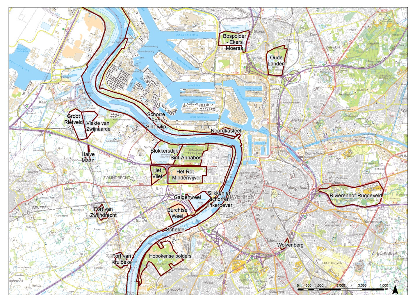 Het mesoniveau vormt de invloedssfeer rondom de planingrepen. Dit niveau wordt omgrensd door een buffer van 1.500m rond de tracés af te bakenen.