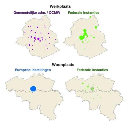 bestemming (locatie van de plek in het BHG) van de werknemers variëren opvallend naargelang van de sector: Bepaalde sectoren zijn sterk geconcentreerd in het stadscentrum van Brussel