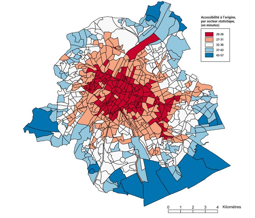 Kaart 3-9: Oorspronkelijke bereikbaarheid met het openbaar vervoer, per statistische buurt Bron: Brussel Mobiliteit, 2011 Oorspronkelijke bereikbaarheid, per statistische buurt (in minuten) Kilometer