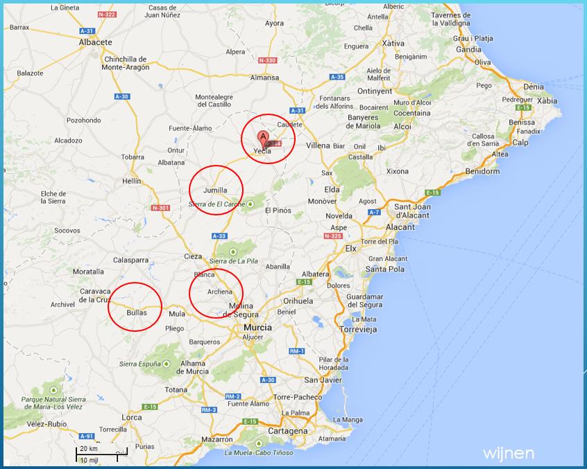 WIJNEN DE WIJNROUTES VAN YECLA, BULLAS EN JUMILLA Yecla was ooit een boerenstadje het wordt omringt door bijna 13500 hectare wijngaard. Ongeveer 1/3 is geclassificeerd voor het maken van D.O.-wijnen.