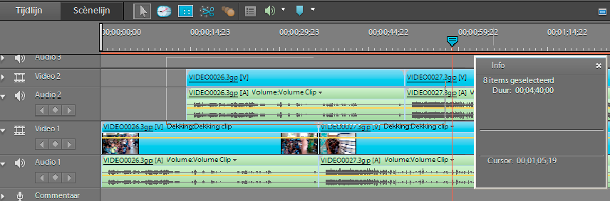 De clips in een film rangschikken 100 De duur van geselecteerde clips in de tijdlijn bekijken In het deelvenster Info wordt de totale duur weergegeven van meerdere clips die zijn geselecteerd in het
