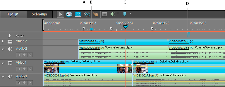 De clips in een film rangschikken 105 Werken met clip- en tijdlijnmarkeertekens Clip- en tijdlijnmarkeertekens Door markeertekens te plaatsen, kunt u belangrijke punten in een clip of film aangeven.