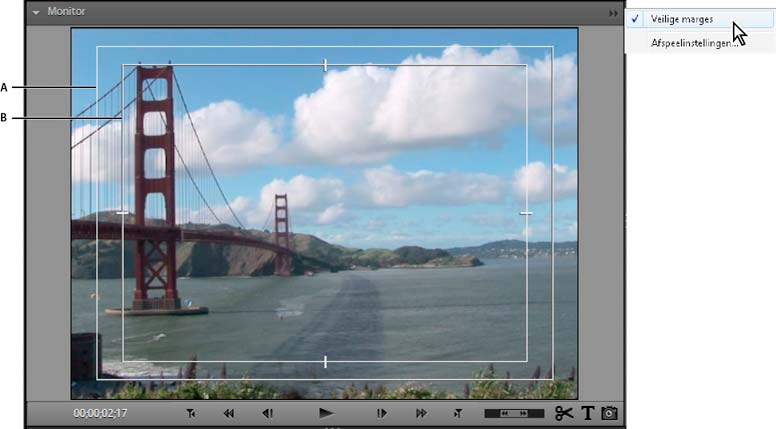 De clips in een film rangschikken 112 Veilige zones in het deelvenster Monitor A. Veilige marge voor acties B.