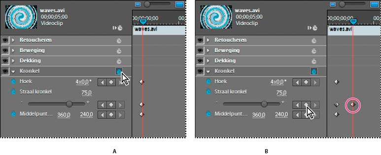Effecten animeren 217 Hoofdframes toevoegen, kopiëren en verwijderen Hoofdframes toevoegen U kunt hoofdframes toevoegen in de weergave Eigenschappen van het deelvenster Taken of in de tijdlijn.