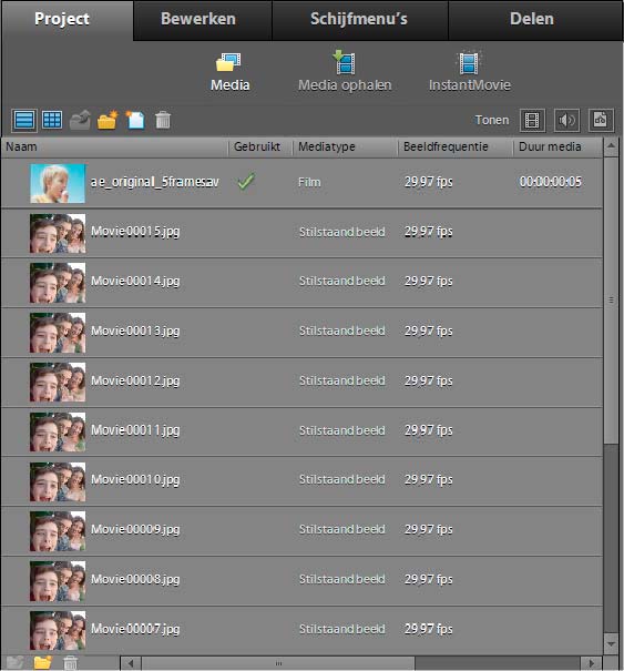 Uw films delen en opslaan 290 Een reeks stilstaande beelden die in de mediaweergave zijn geïmporteerd, met opeenvolgend genummerde bestandsnamen.