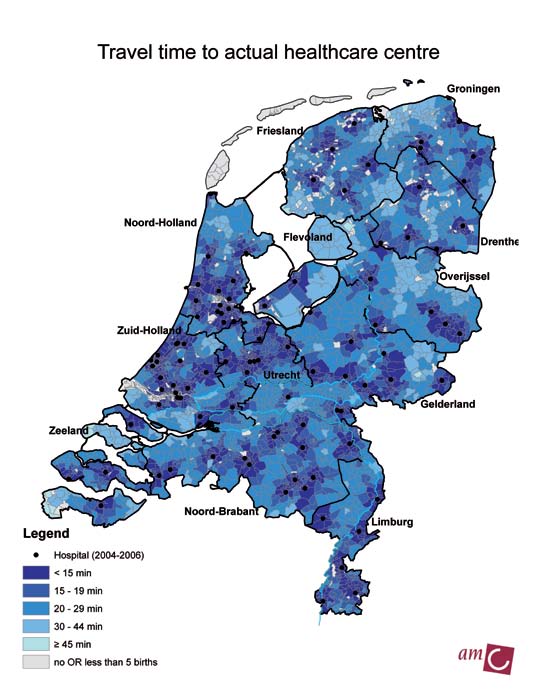 Figuur De reisafstand in minuten naar de het ziekenhuis van de bevalling in