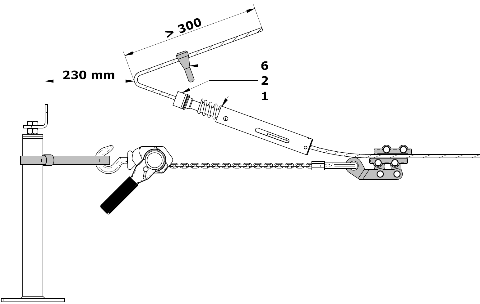 6) De tweede eindslotbuis met veer (1) en kabelslothuls (2) inrijgen en de kabel 230 mm voor de eindbevestiging omknikken.