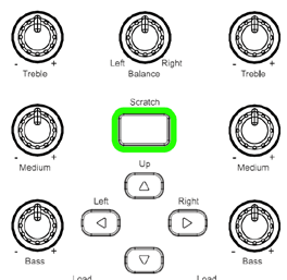 i) Scratch-modus U kunt de Scratch-modus inschakelen door op de Scratch-knop te drukken. Deze knop bevindt zich boven de Up-knop op de DJ-controller.