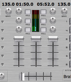 c) Mixer VirtualDJ 5 DJC Edition In het virtuele-mixergebied, in het midden, kunt u de volumes en de crossfader instellen, gain toevoegen en de equalizerinstellingen wijzigen voor Deck A en Deck B.