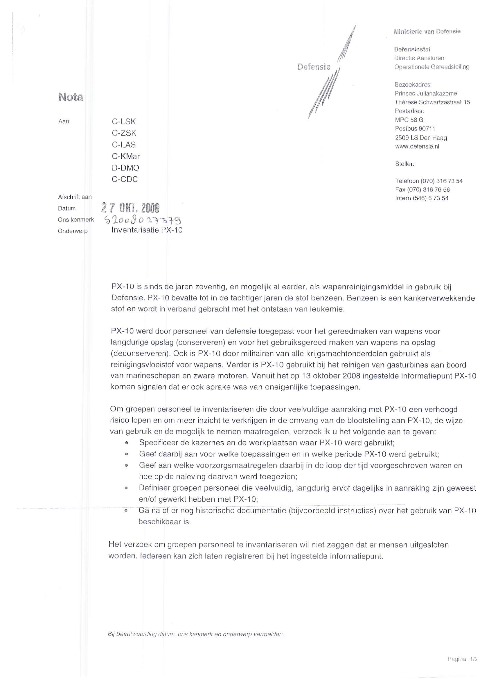 MiÍisietiê vêil ifefensie frrnota Aan AtschÍiít aan C-LSK C-ZSK C.LAS C-KMar D-DMO c-cdc? 7 otrï.2008 ons kenmerk SXO o St O 1.-y-s ïc*!