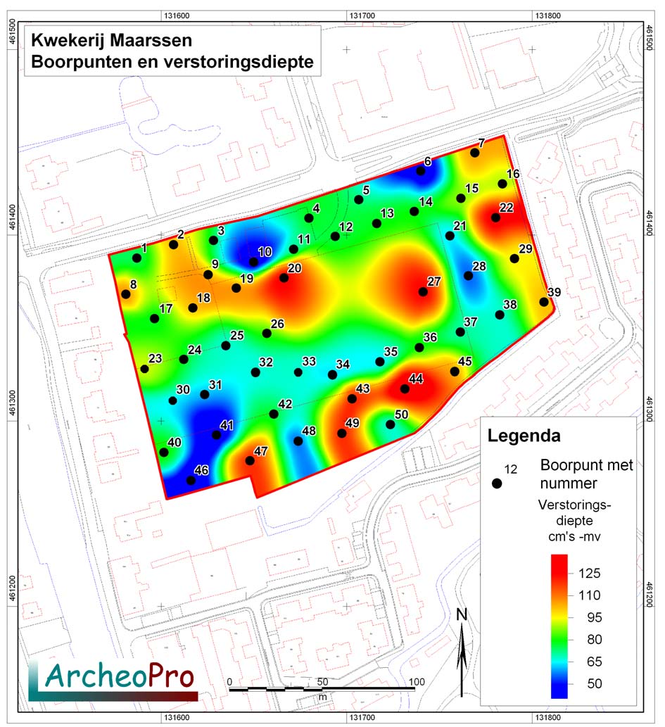 Archeologische onderzoek Kwekerij Scholten in Maarssen, Gemeente Maarssen. ArcheoPro Rapport 865, Pagina 25 Figuur 15: Boorpunten met verstoringsdiepten. Topografische Dienst Kadaster, Emmen, 2008 3.