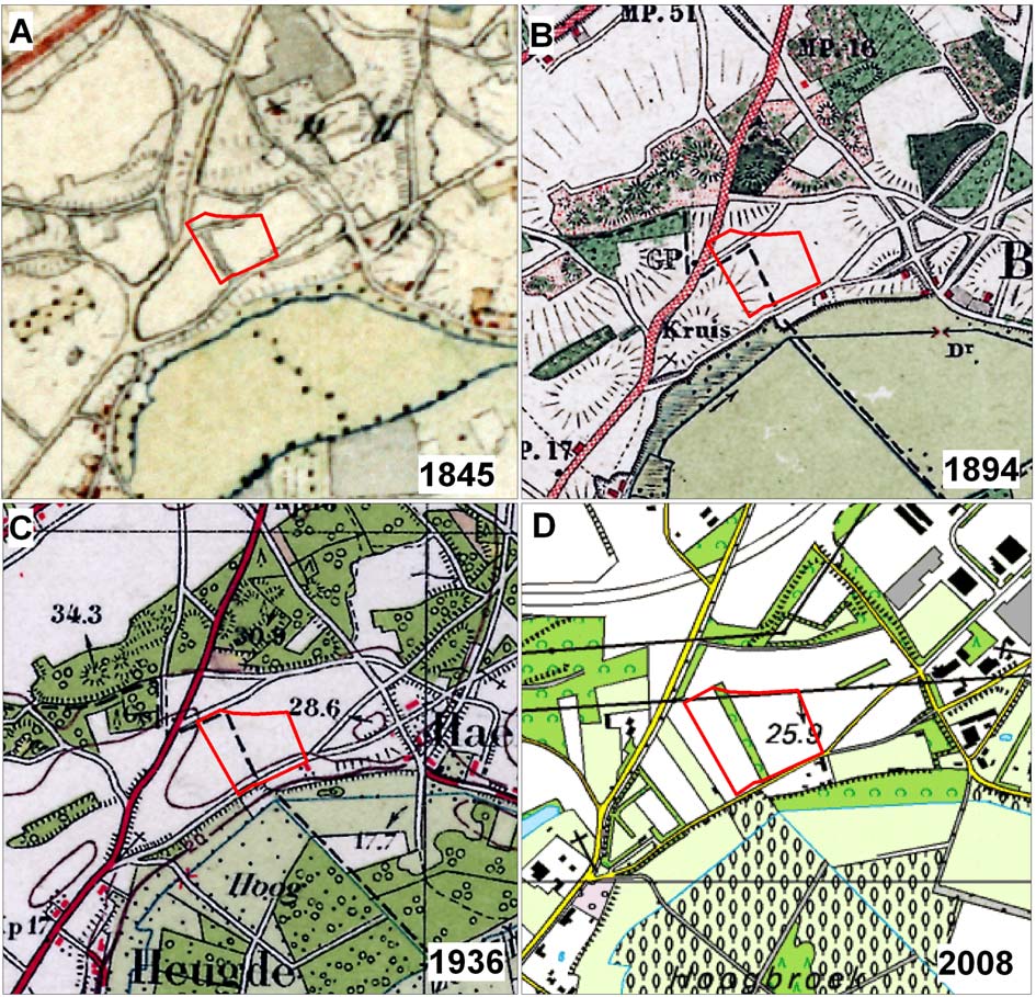 Archeologische onderzoek Peter Schreursweg, Haelen, Gemeente Leudal ArcheoPro Rapport, 934, Pagina 22 De natuurlijke beekloop in de oude Maasmeander aan de voet van de terrashelling is tussen 1845 en