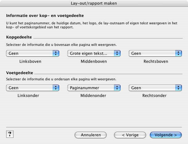 Les 9 Rapporten maken en uitvoeren 65 5. Kies in het gebied Voetgedeelte bij Middenonder de optie Paginanummer om onder aan elke pagina van het rapport het paginanummer te vermelden. 6. Klik op Volgende.