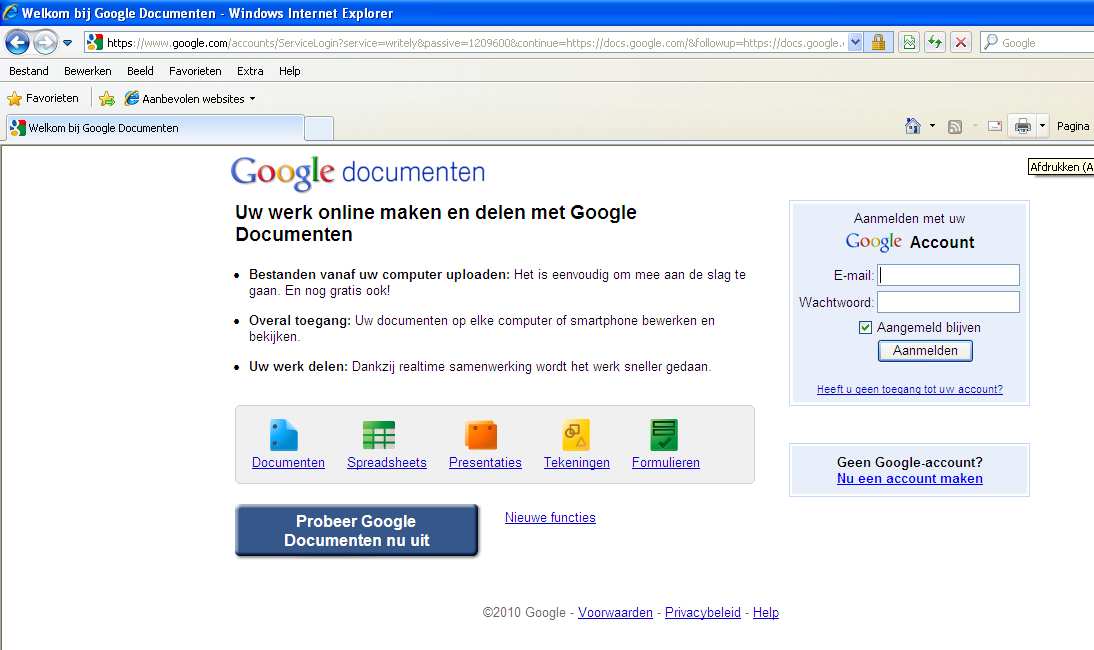 STAP 1 INLOGGEN BIJ GOOGLE Voor alle tools en diensten van Google heeft u een Google account nodig. Zo ook voor Google Documenten (Engels: Google Docs). Surf naar docs.google.
