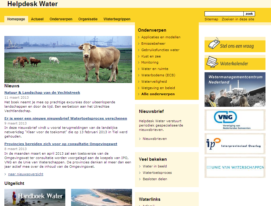Website De belangrijkste taak van de Helpdesk Water is het verspreiden van kennis. Dit doen we door actief informatie te verspreiden via onze website www.helpdeskwater.nl en onze nieuwsbrieven.