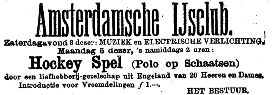 Illustratie 2: Advertentie in Het nieuws van de dag, 3-1- 1891 waarin de tweede bandy wedstrijd op Nederlandse bodem wordt aangekondigd. Maar hoe moest het nieuwe spel nu genoemd worden?