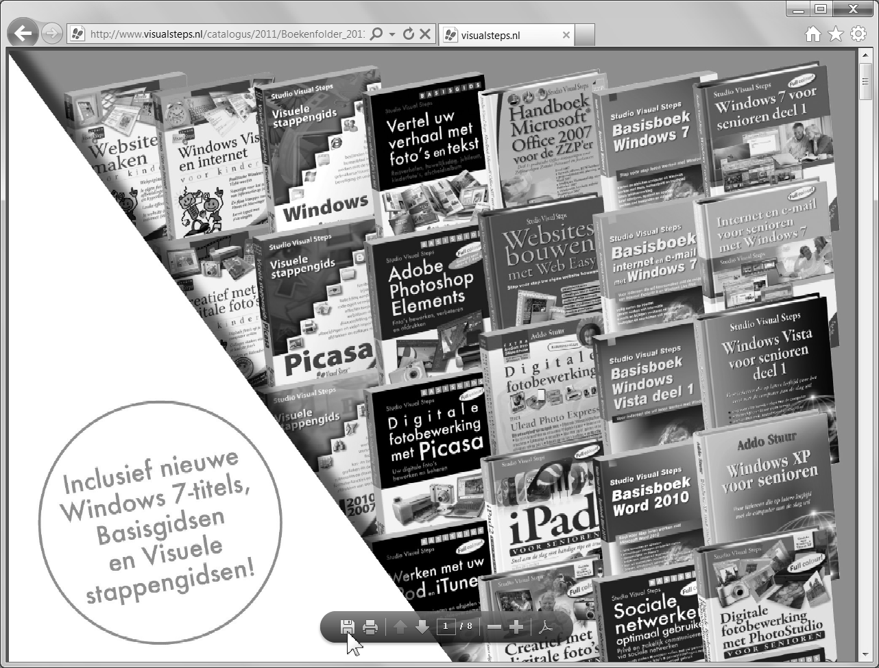 21 Een PDF-document op een website openen Veel bedrijven en instellingen zetten PDF-documenten met extra informatie op hun website. Ook uitgeverij Visual Steps publiceert bestanden op de website.