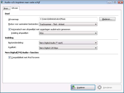 Audio-cd en audiobestanden 6.5.1.2 Tabblad Output De eigenschappen van de audiobestanden die moeten worden gemaakt, kunnen worden opgegeven op het tabblad Output.