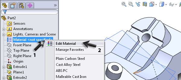 Klik in de FeatureManager met de rechter muisknop op Material. 2.