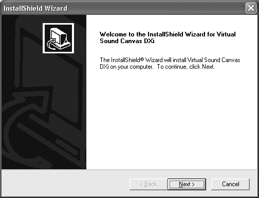 Gebruik de aanduiding voor uw CD-ROM drive. fig.vsc-welcome.eps_50 4. De installer zal starten start, en het Welcome to the InstallShield Wizard for Virtual Sound Canvas DXi scherm verschijnt.