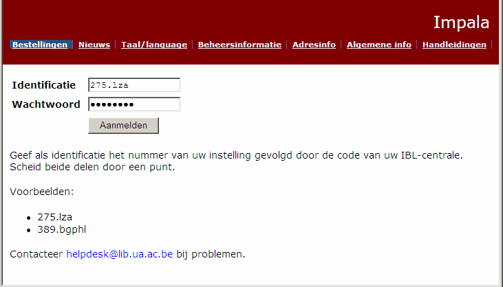 Handleiding voor het gebruik van Impala 3 1 Aanmelden De startpagina van Impala is te vinden op het volgende Internetadres: http://anet.ua.ac.