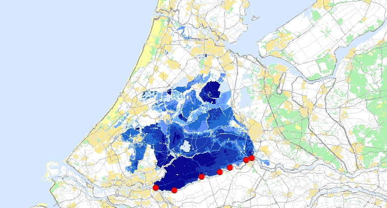 Voor een doorbraak bij Krimpen aan de Lek in de situatie met een buitenwaterstand van 1/200 per jaar is de maximale waterdiepte in dijkring 15 gemiddeld 1,0 m.