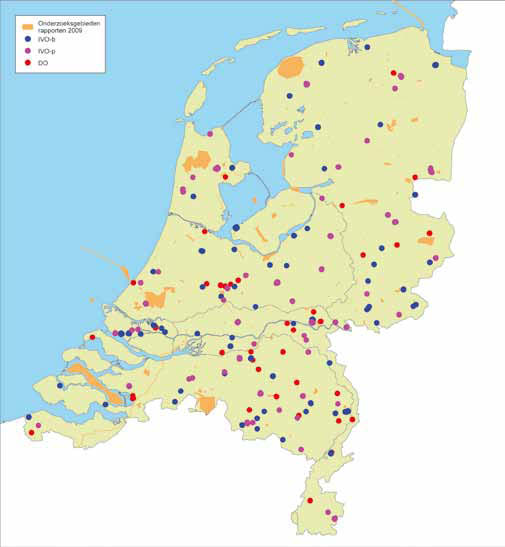 Afb. 2 Verspreidingskaart van Nederland met de verdeling van de verschillende onderzoeken, gebaseerd op de rapporten van