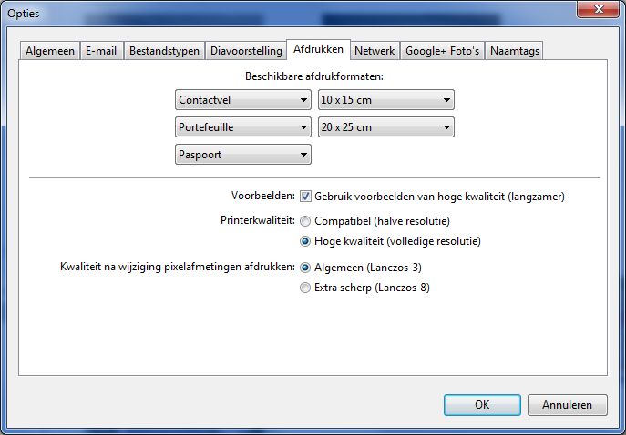 8.15 Afdrukken van foto s vanuit Picasa 8.15.1 Voorinstellingen Het kan handig zijn dat je voor het afdrukken van een foto of foto s op een printer, enkele voorsinstellingen doet, zodat je deze niet