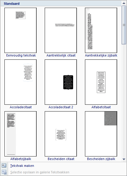 Het kan ook voorvallen dat je een citaat wil doen opvallen, Word 2010 heeft heel wat voorbeeld tekstvakken die je verder kan opmaken naar eigen goeddunken.