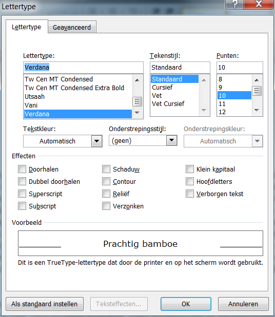 Microsoft Office 2010 - Word - Venster Lettertype Voorkennis: Tekst selecteren We kunnen alle opties van het lettertype aanpassen terwijl we tekst invoeren (typen), dan wordt de tekst die we van dan