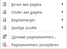 Microsoft Office 2010 - Word - Paginanummers Om paginanummers in te voegen openen we het lint Invoegen, in de groep Koptekst en Voettekst, kiezen we voor de knop paginanummer: Het menu opent: In dit